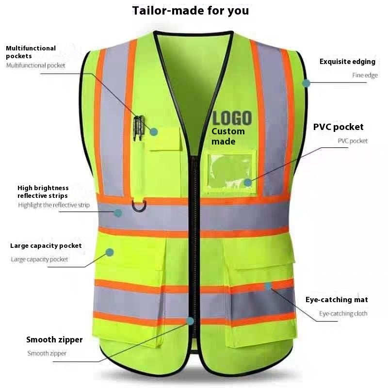 Hi-vis multi-pocket reflective safety vest – supplier infographic showing vest pocket and feature layout