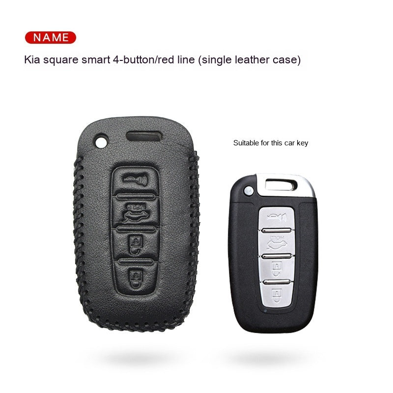 Key fob case for Kia smart & folding keys – genuine leather – supplier infographic showing square smart 4-button red line case with matching key
