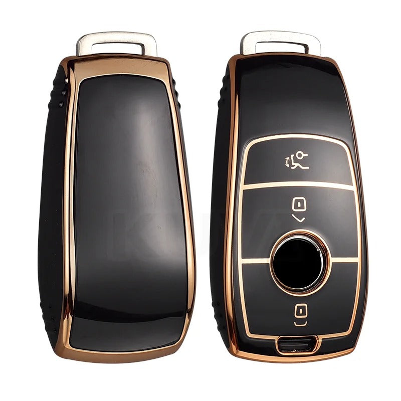 Key fob cover for Mercedes-Benz smart keys – TPU – glossy black cover, front and back view