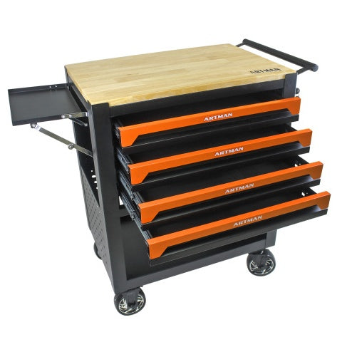 4 DRAWERS MULTIFUNCTIONAL TOOL CART WITH WHEELS AND WOODEN TOP-ORANGE