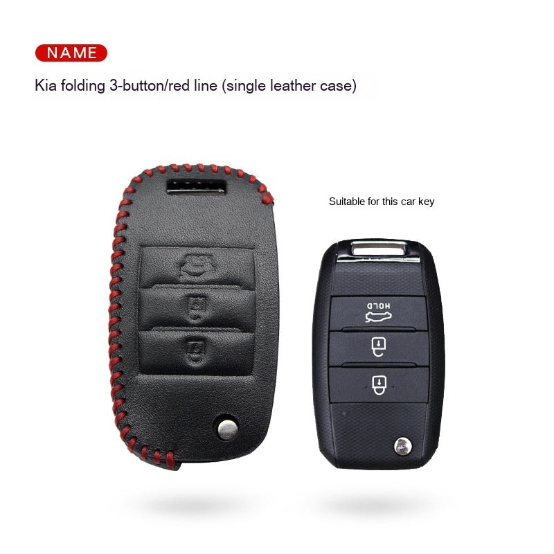 Key fob case for Kia smart & folding keys – genuine leather – supplier infographic showing folding 3-button red line case with matching key