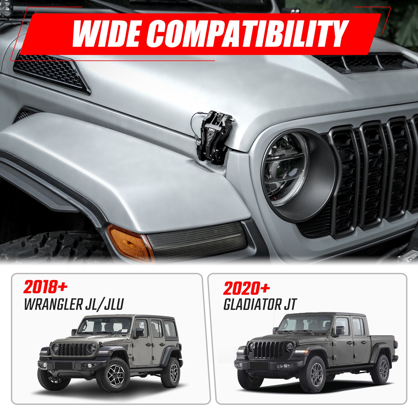 OMU Hood Latch Lock Catch Compatible With 2007-2018 Je Ep Wrangler JK&JKU 2018-2024 Wrangler JL&Gladiator JT, Aluminum Adjustable Hood Latches For Reducing Hood Shaking, 2 Pcs