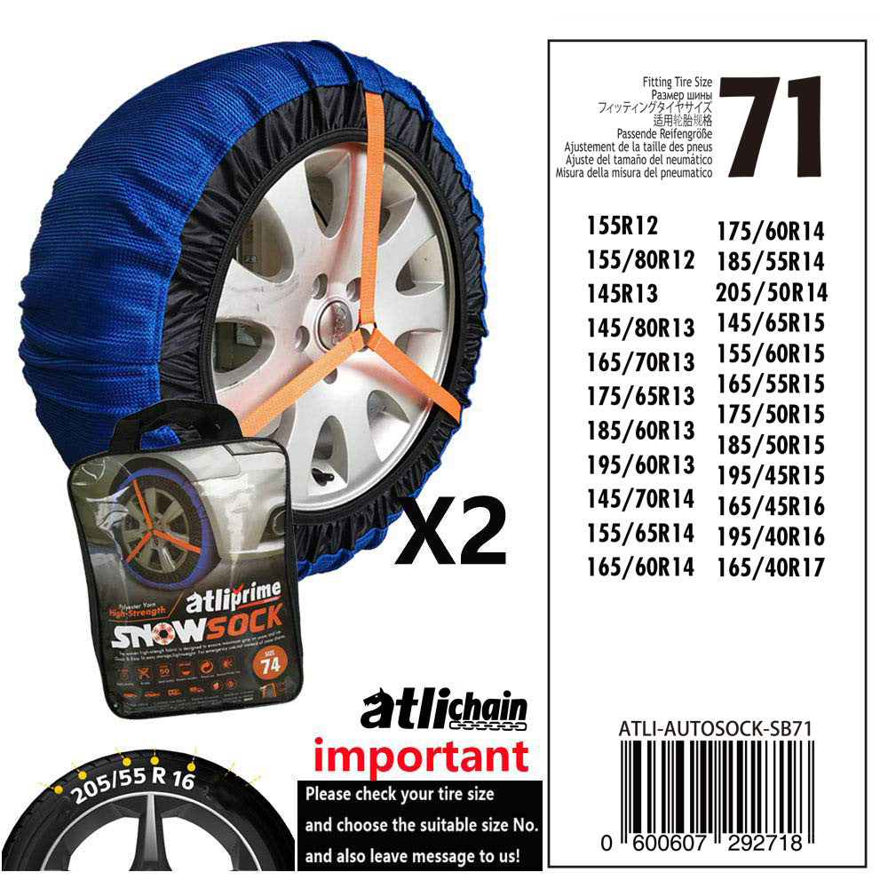 Textile snow sock for car tyres – size chart for size 71 with tyre list
