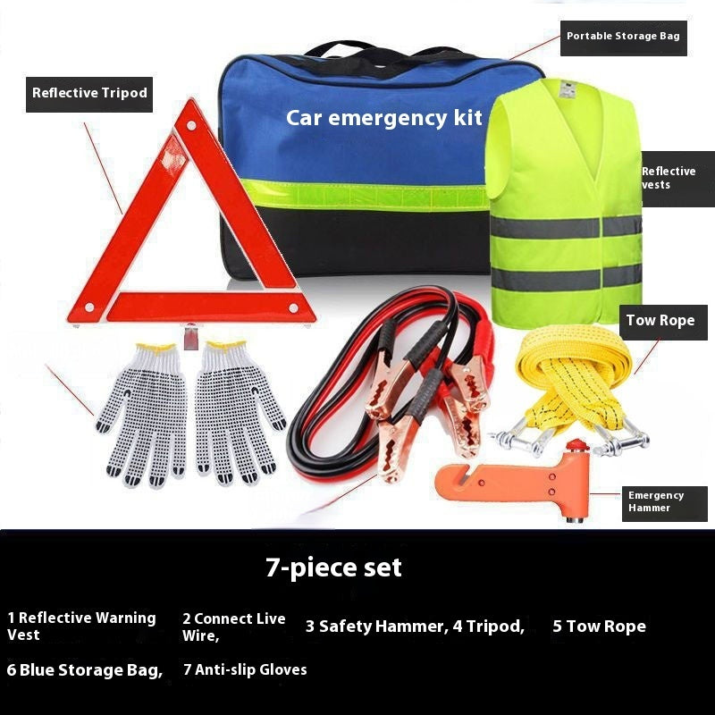 Car emergency kit, 7 pieces – supplier infographic showing kit contents and labelled parts
