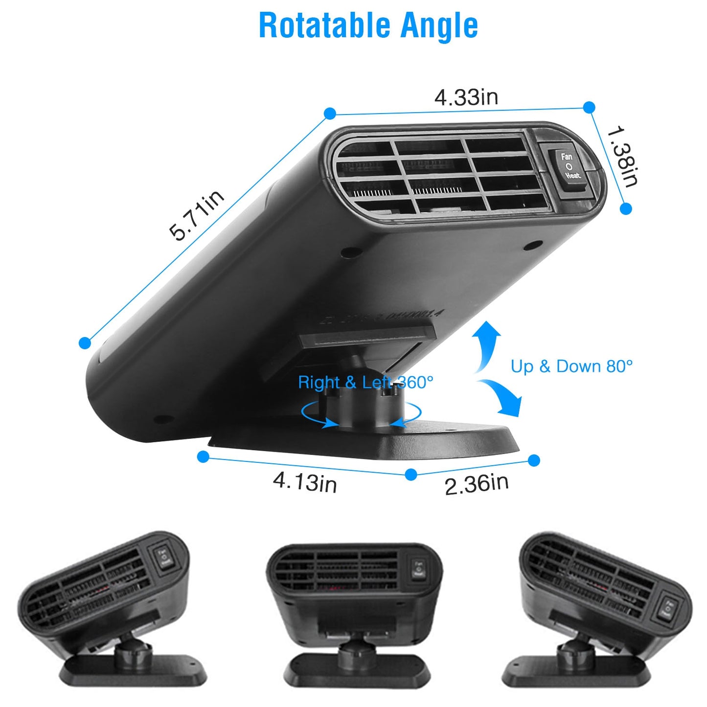 12V 150W Portable Car Heater Heating Fan 2 In 1 Defroster Defogger Demister Windshield Heater Automotive Cooling Fan With Air Purification 360 Degree  Rotating Base