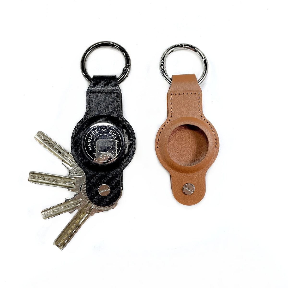 Leather key fob holster with keyring clip – black and tan versions with keys attached