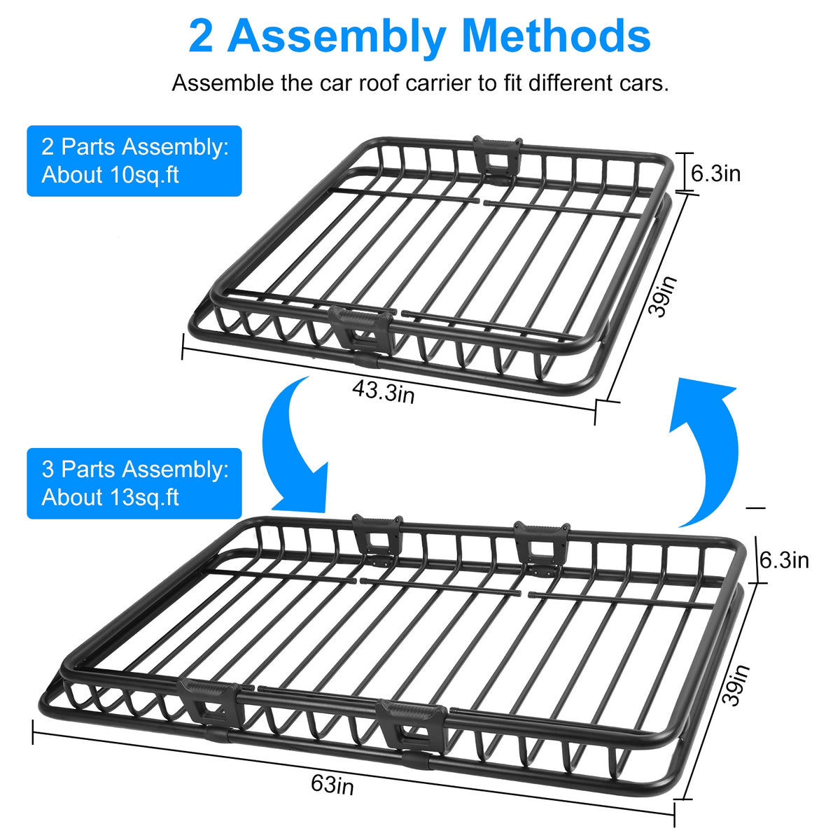 1Pc 63x39x6.3in Universal Roof Rack Cargo Carrier Car Top Luggage Holder Basket With Hook Strap Elastic Net