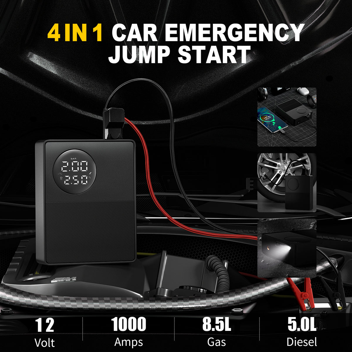 3-in-1 Car Jump Starter, Tyre Inflator and Emergency Light - image 4