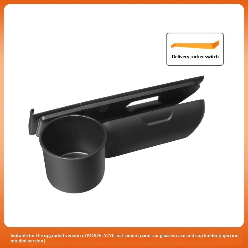 Glasses case and cup holder set for Tesla Model 3/Y – supplier infographic showing injection moulded version with switch