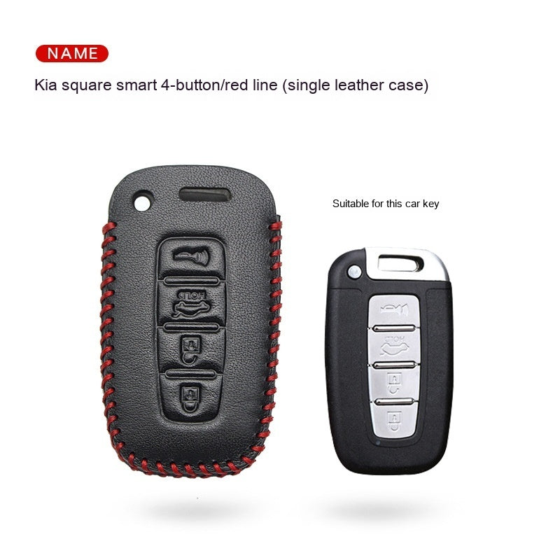 Key fob case for Kia smart & folding keys – genuine leather – supplier infographic showing square smart 4-button red line case with matching key