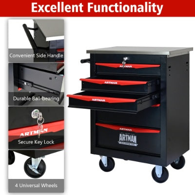 5 Drawers Multifunctional Tool Cart With Wheels,Metal Rolling Tool Cart Storage For Garage Workshop Warehouse Repair Shop--With Stainless Steel Roof- BLACK RED
