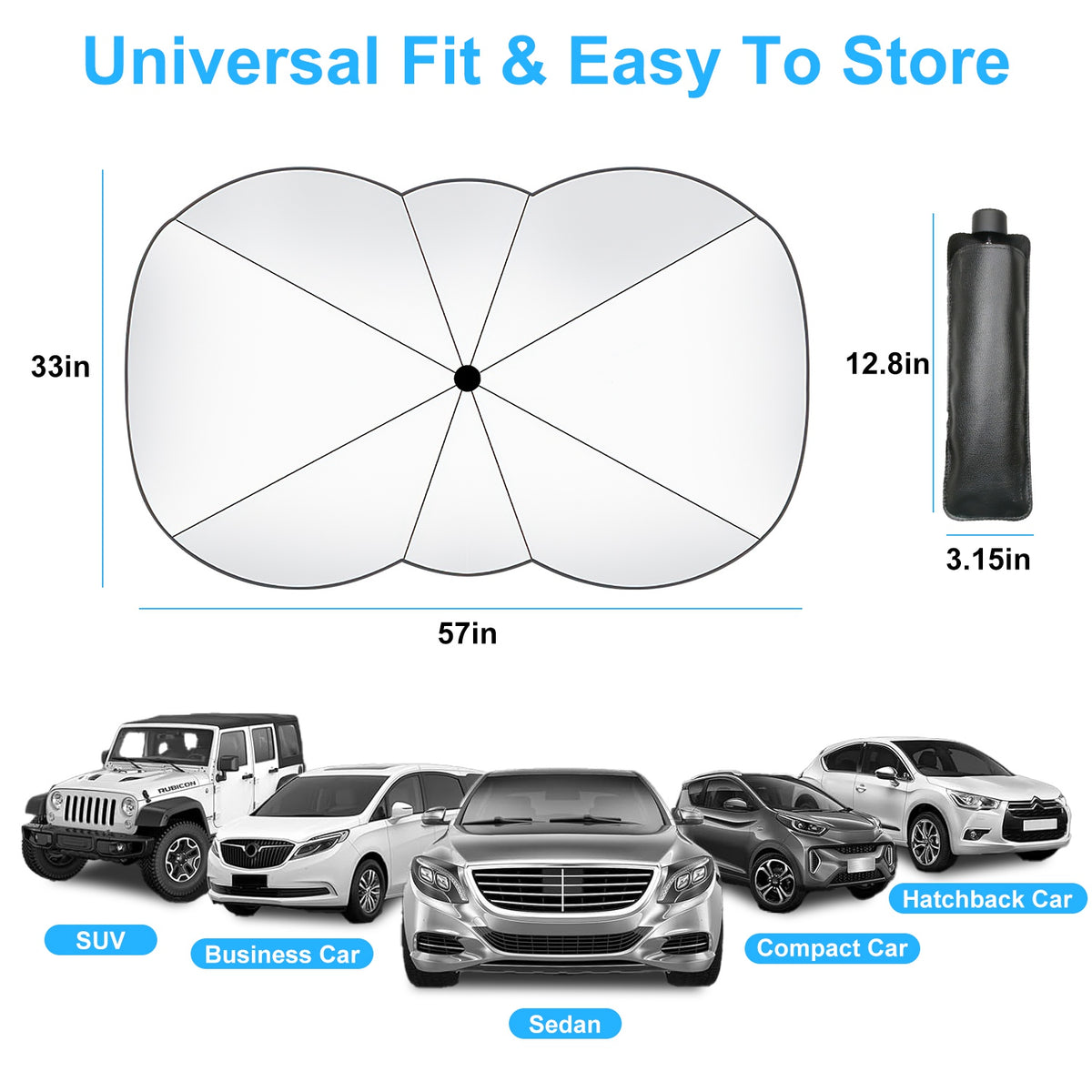 1Pc 57x33In Foldable Car Sun Umbrella Universal Sun Blocker Shield Shade Silver Titanium Sun Protector With Carry Bag For Car Truck SUV