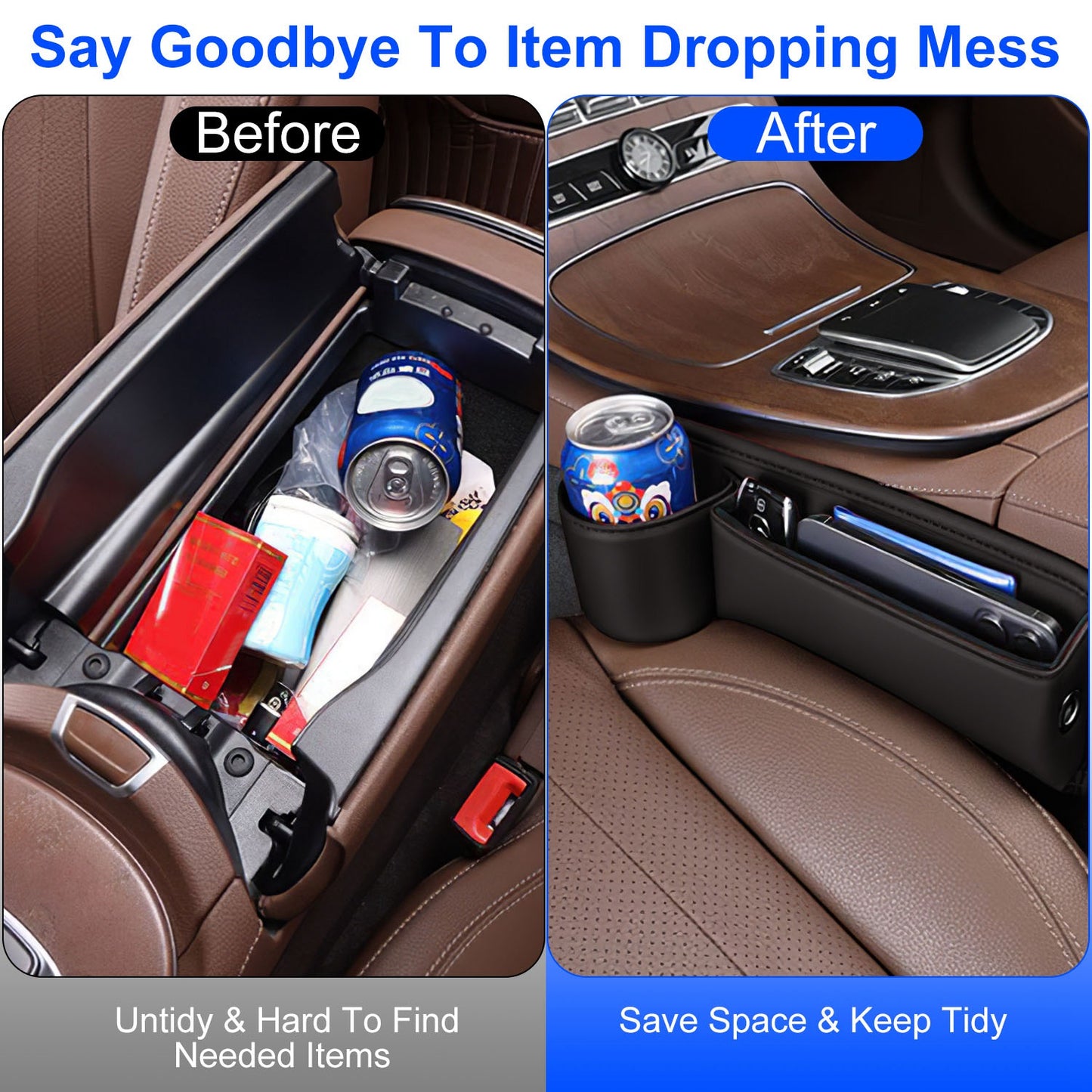 2 Pack Car Seat Gap Filler Organizer Car Leather Cup Holder Gap Bag Universal Car Seat Storage Black For Placing Keys Cards Phones Drinks Lipstick