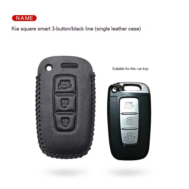 Key fob case for Kia smart & folding keys – genuine leather – supplier infographic showing square smart black line case with matching key