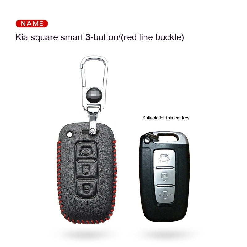 Key fob case for Kia smart & folding keys – genuine leather – supplier infographic showing square smart red line buckle case with matching key