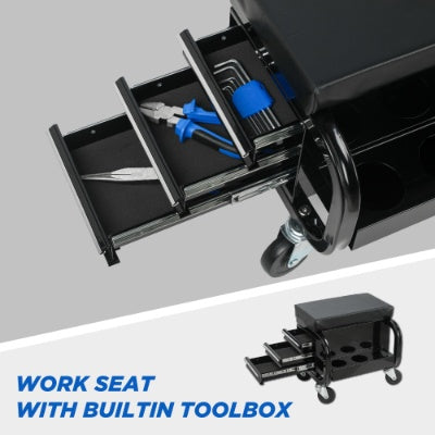 Rolling Creeper Garage Shop Seat With Three Built-in Drawers, Rolling Tool Chest Black