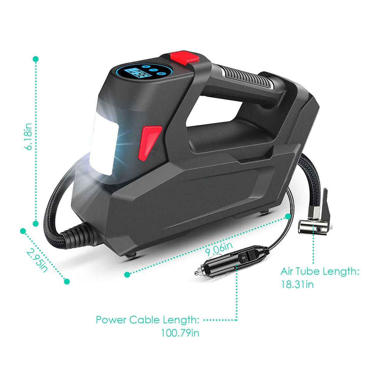 1Pc Portable Tire Inflator 120 PSI Maximum 90W Powered Tire Inflator With Digital Display LED Light Inflatable Nozzle Needle Fuse Air Compressor For Bikes Motorbikes Car Balls