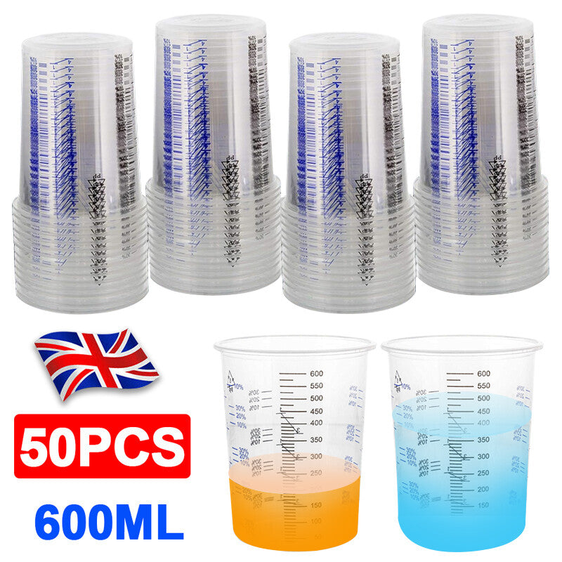 50X Clear Paint Plastic Mixing Cups 600CC Calibrated Measuring Polypropylene New