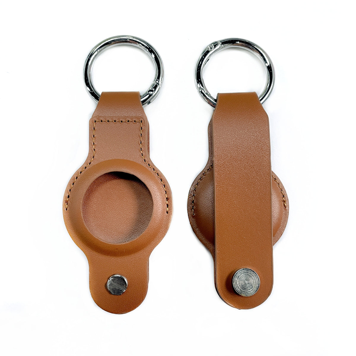 Leather key fob holster with keyring clip – tan leather versions front and back view