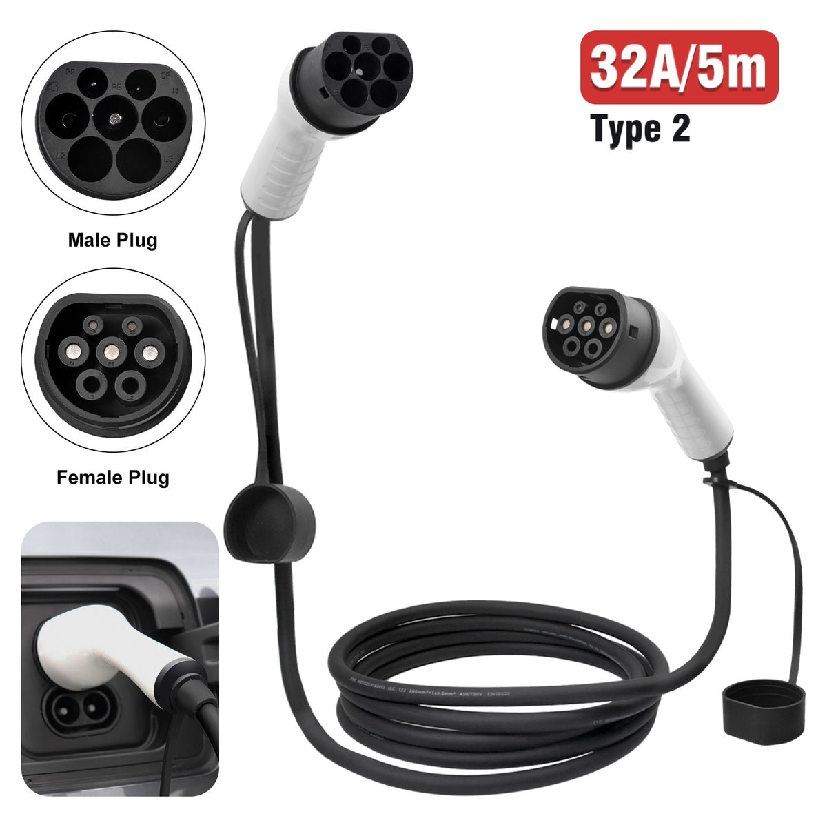 32A Type 2 to Type 2 EV Charging Cable, 5m