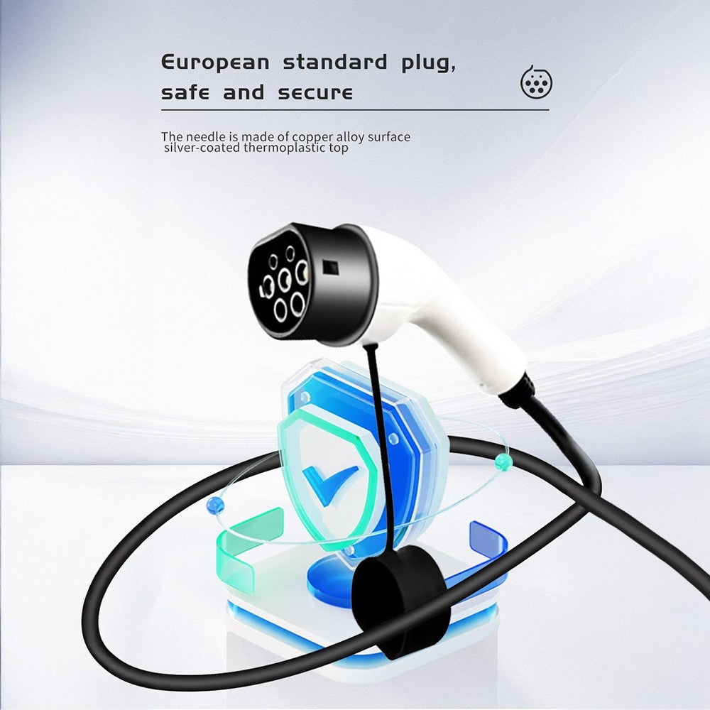 Portable 13A EV charger, UK plug to Type 2 – close-up of connector with cable and european standard plug