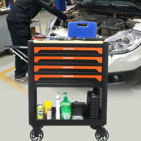 4 DRAWERS MULTIFUNCTIONAL TOOL CART WITH WHEELS AND WOODEN TOP-ORANGE