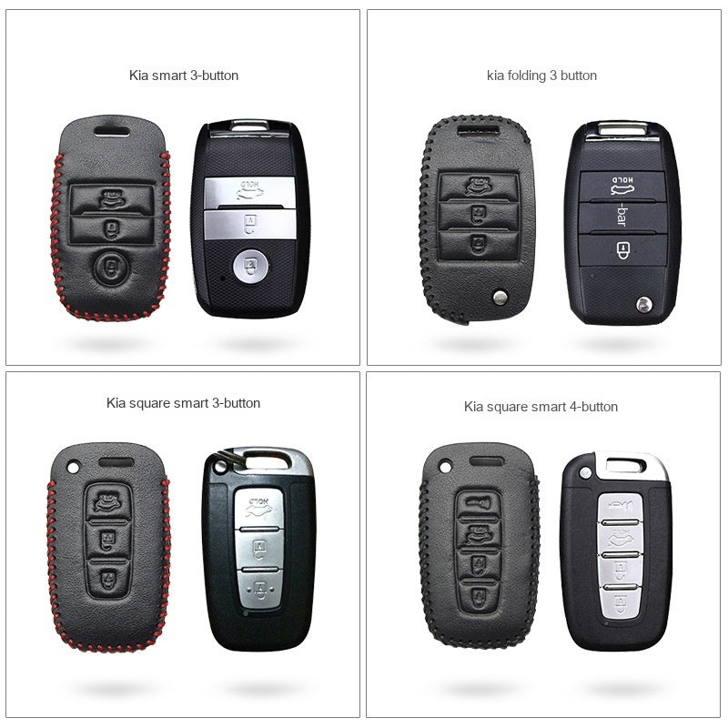 Key fob case for Kia smart & folding keys – genuine leather – supplier infographic comparing four smart and folding key styles