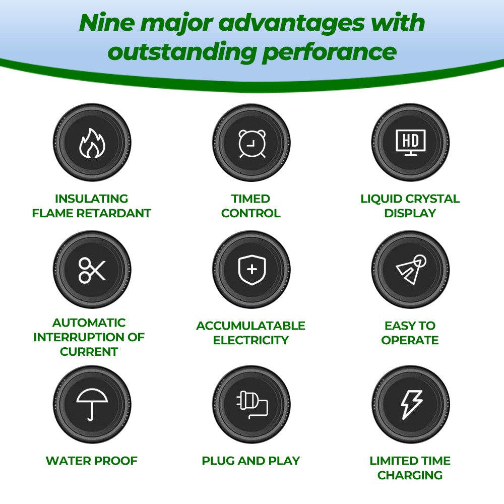 Portable 13A EV charger, UK plug to Type 2 – supplier infographic showing nine major advantages icons