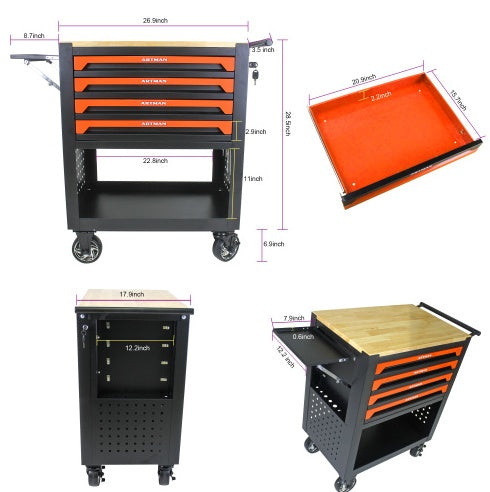4 DRAWERS MULTIFUNCTIONAL TOOL CART WITH WHEELS AND WOODEN TOP-ORANGE