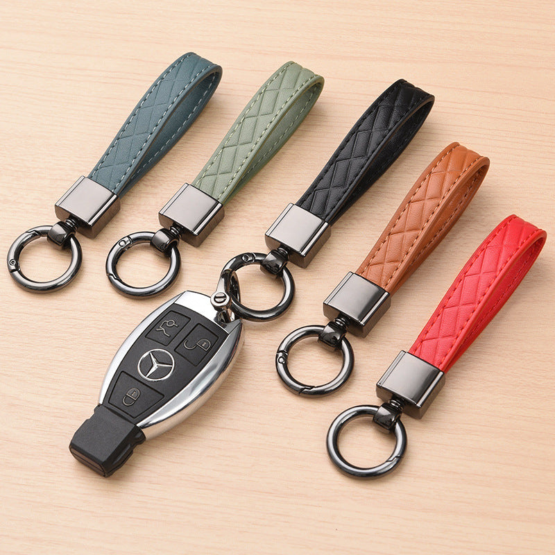 Metal car keyring with lanyard loop – five colours displayed beside a car key fob