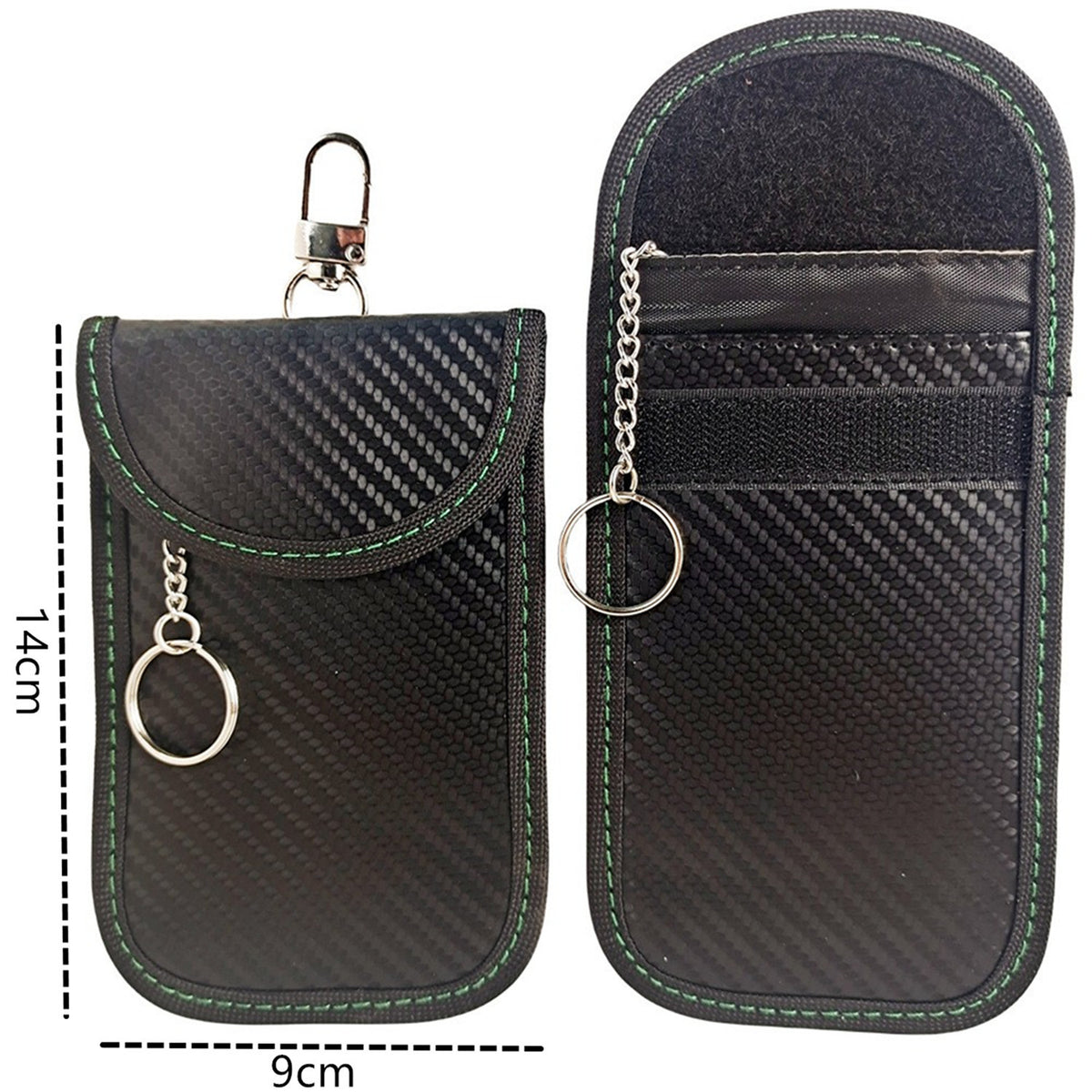 Faraday pouch for car keys – keyless entry signal blocker – black pouch pair with green stitching and keyring chain