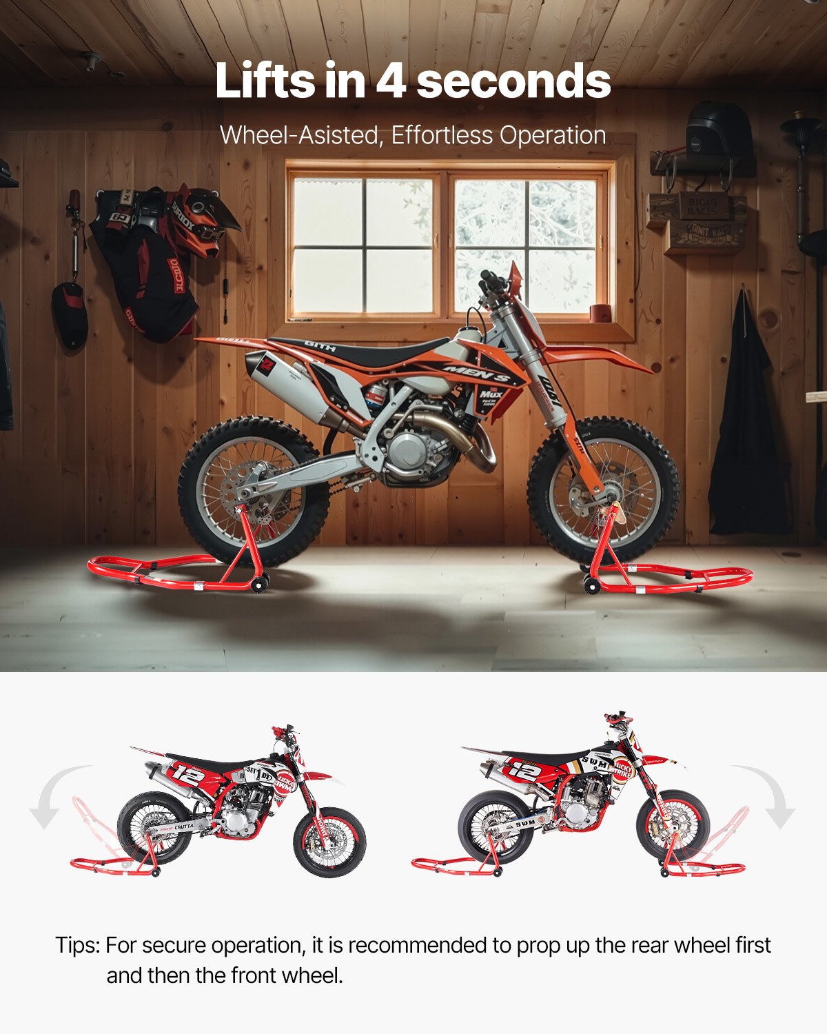 Motorcycle Stand Lift, 850lbs Capacity Front Rear Combo Stand Lift, Front Wheel Dual-Fork Stand, Rear U,L Fork Swingarm Spool Stand, For MostYamaha HondaKawasaki SuzukiMotorcycles, Red