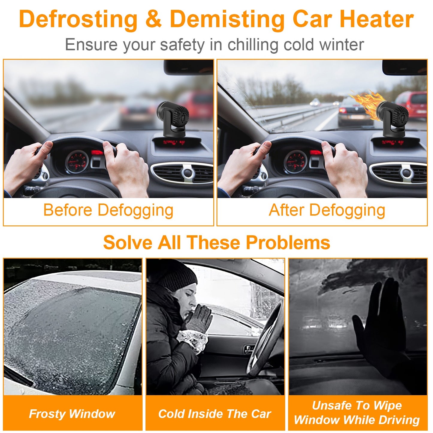 24V 160W Or 12V 120W Portable Car Heater 2 In 1 Heating Cooling Fan Rotatable Demister Defroster With 4.92ft Cord