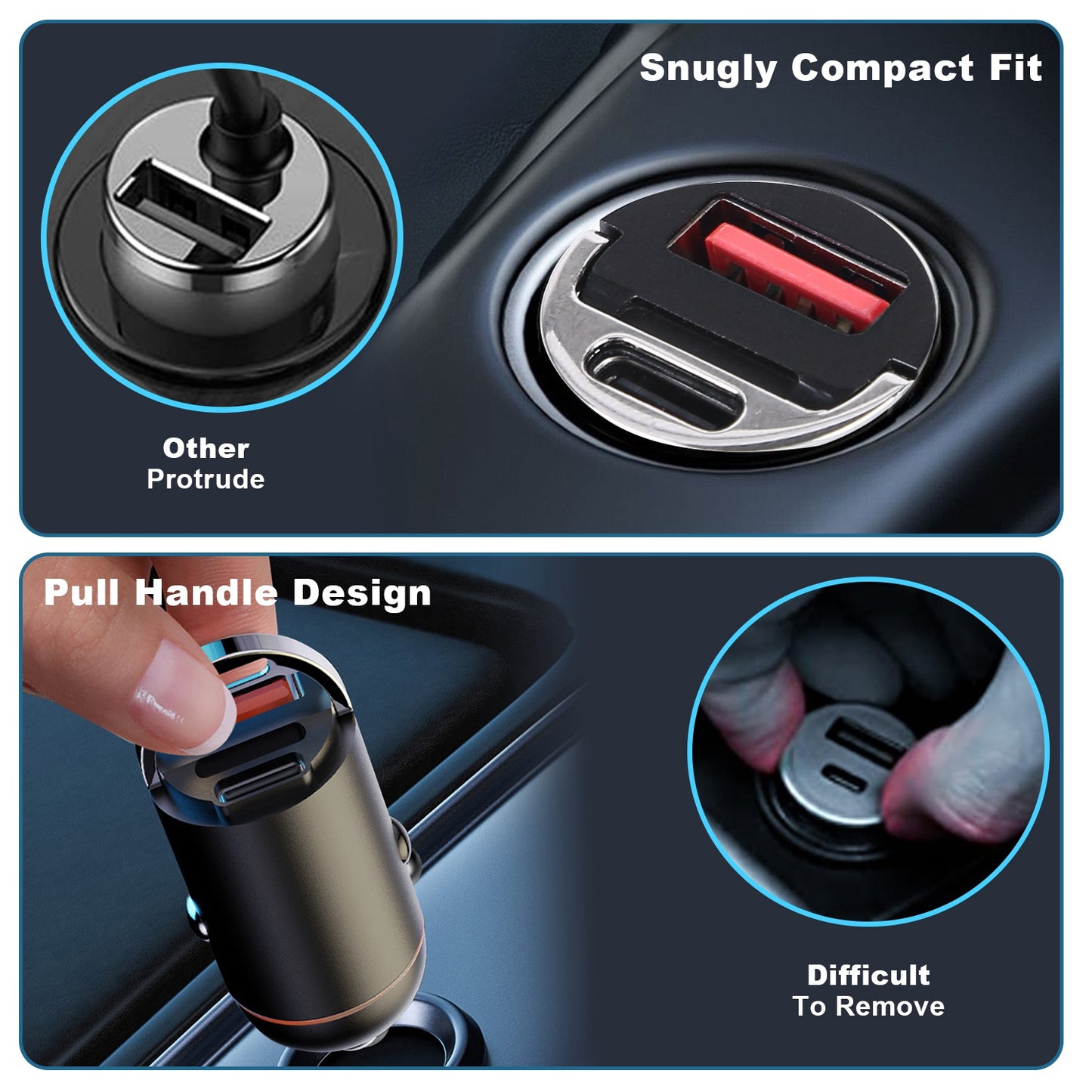 2Pcs 1,00W USB TypeC Car Charger QC4.0 PD3.0 USB Fast Charging Adapter Dual Port Car Cigarette Lighter Compatible With Phone Pad