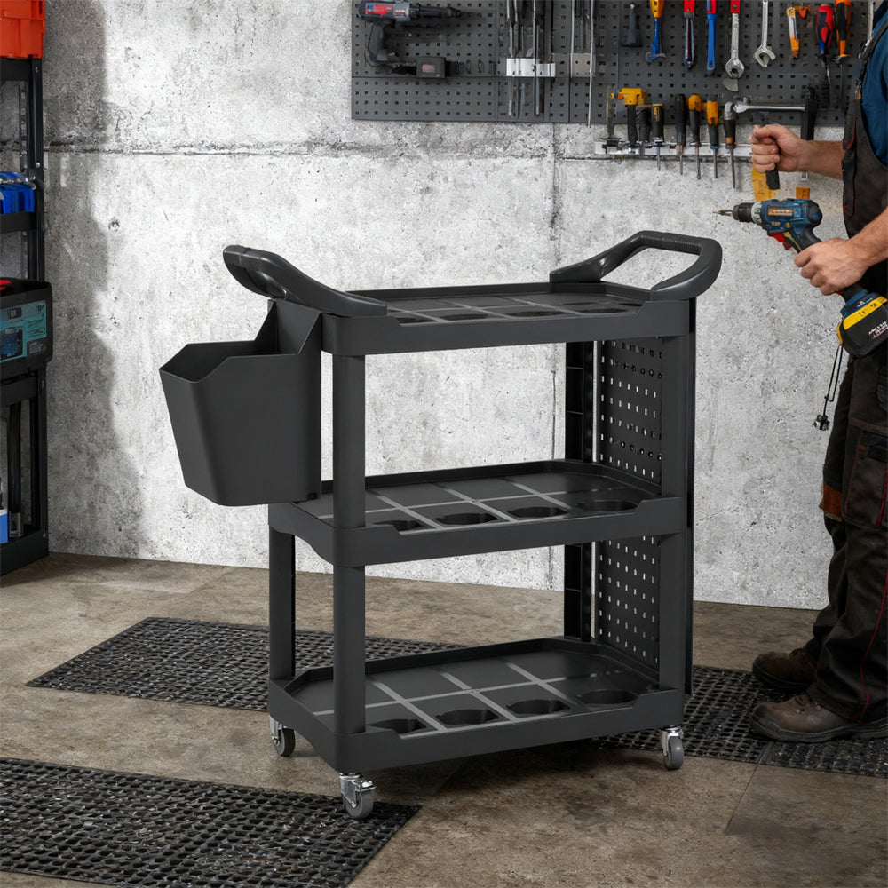 3-Tier Rolling Tool Cart, 200 LBS Capacity Plastic Utility Cart With Side Shelf And Storage Bucket