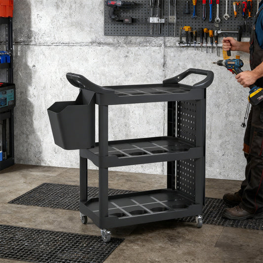 3-Tier Rolling Tool Cart, 200 LBS Capacity Plastic Utility Cart With Side Shelf And Storage Bucket