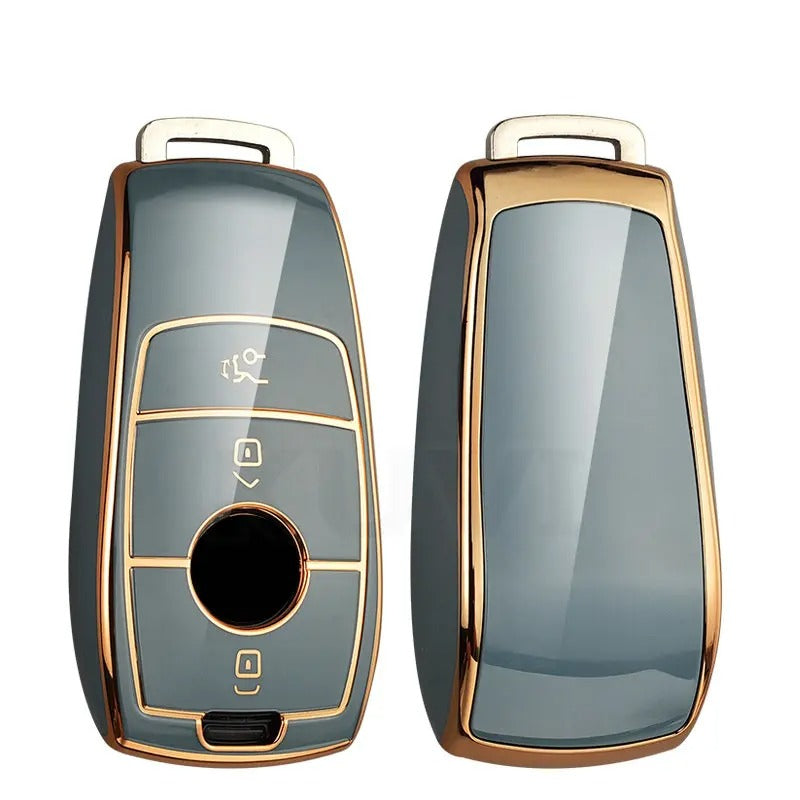 Key fob cover for Mercedes-Benz smart keys – TPU – smoke grey translucent cover, front and back view