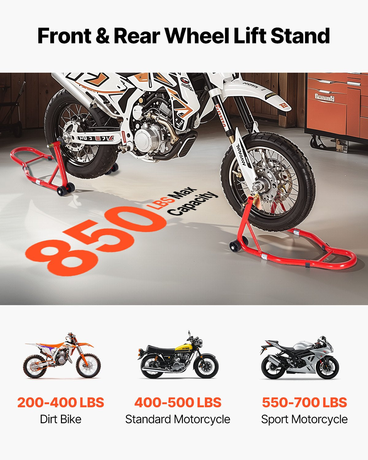 Motorcycle Stand Lift, 850lbs Capacity Front Rear Combo Stand Lift, Front Wheel Dual-Fork Stand, Rear U,L Fork Swingarm Spool Stand, For MostYamaha HondaKawasaki SuzukiMotorcycles, Red