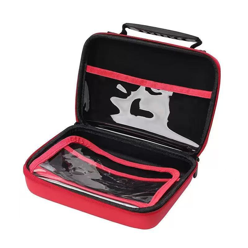Car first aid kit in hard-shell case – open case showing clear zip pouches inside