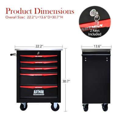 5 Drawers Multifunctional Tool Cart With Wheels,Metal Rolling Tool Cart Storage For Garage Workshop Warehouse Repair Shop--With Stainless Steel Roof- BLACK RED