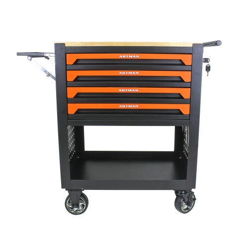 4 DRAWERS MULTIFUNCTIONAL TOOL CART WITH WHEELS AND WOODEN TOP-ORANGE