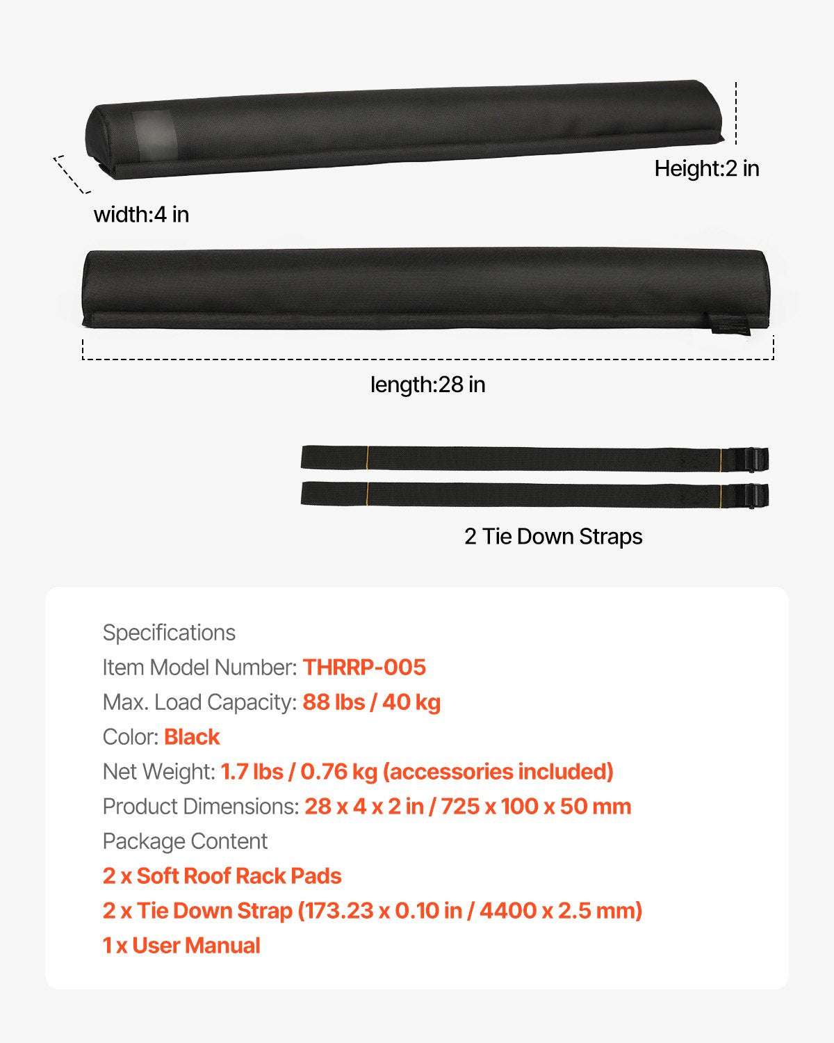 Soft Roof Rack Pads, 28-inch Universal Roof Rack Pads, Suitable For Various Crossbars, With An 88-pound Load Capacity, Equipped With 2 Straps And Velcro, Can Be Used For Luggage, Kayaks, Stand-up Padd