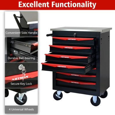 7 Drawers Multifunctional Tool Cart With Wheels,Metal Rolling Tool Cart Storage For Garage Workshop Warehouse Repair Shop--With Stainless Steel Roof- BLACK RED