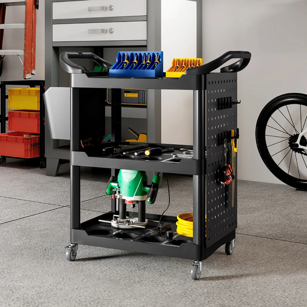 3-Tier Rolling Tool Cart, 200 LBS Capacity Plastic Utility Cart With Side Shelf And Storage Bucket