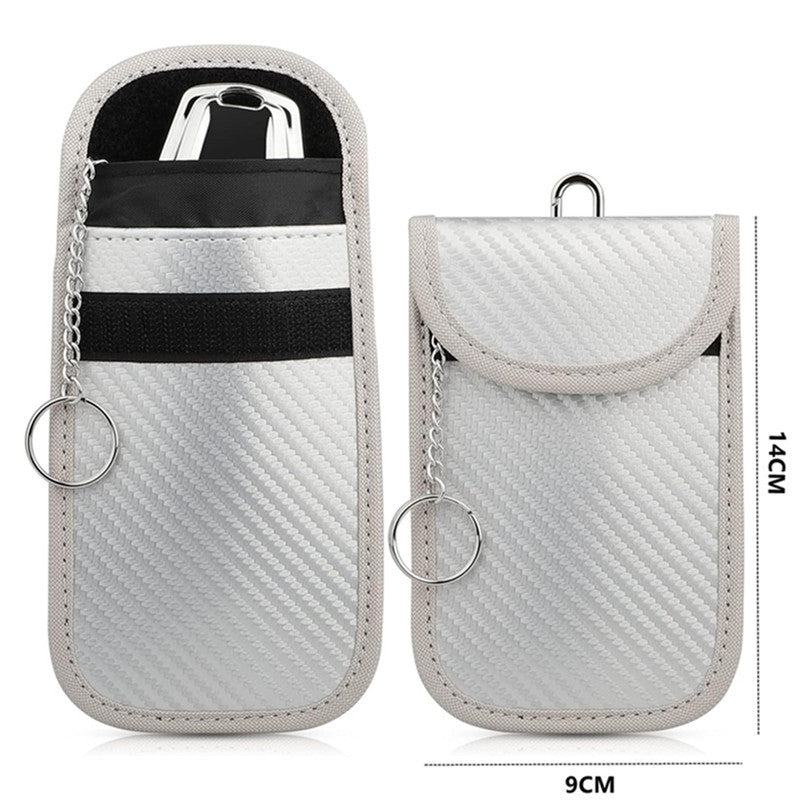Faraday pouch for car keys – keyless entry signal blocker – silver pouch pair with key fob and keyring chain inside