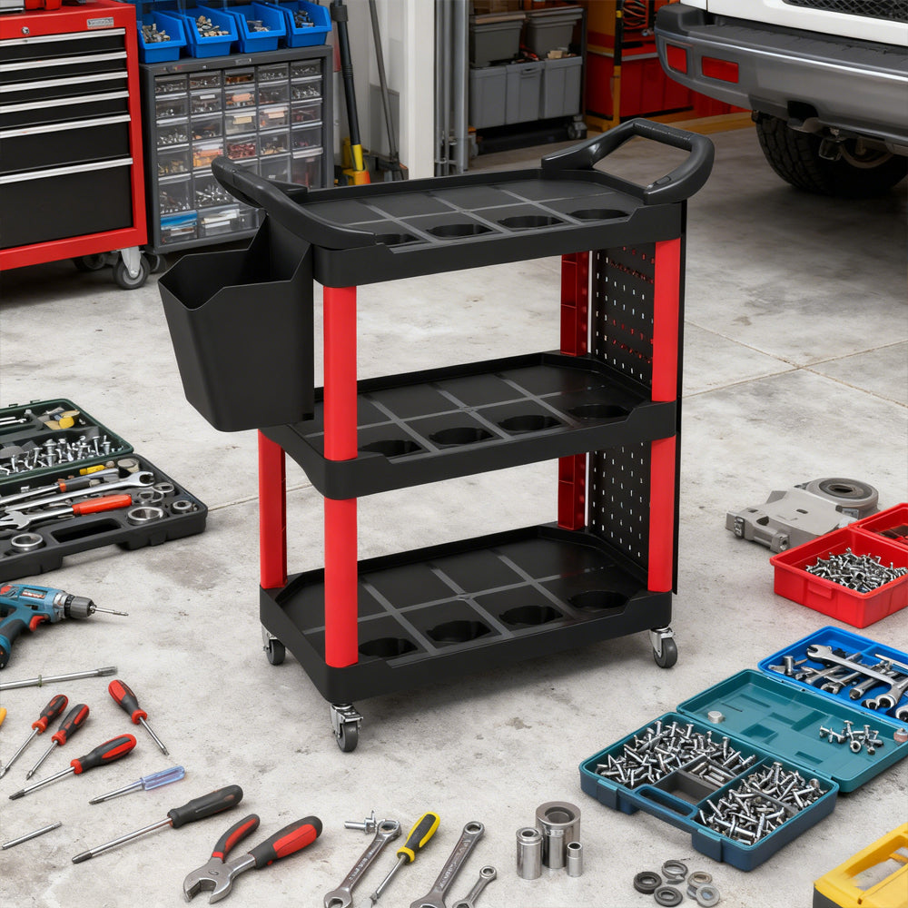 3-Tier Rolling Tool Cart, 200 LBS Capacity Plastic Utility Cart With Side Shelf And Storage Bucket