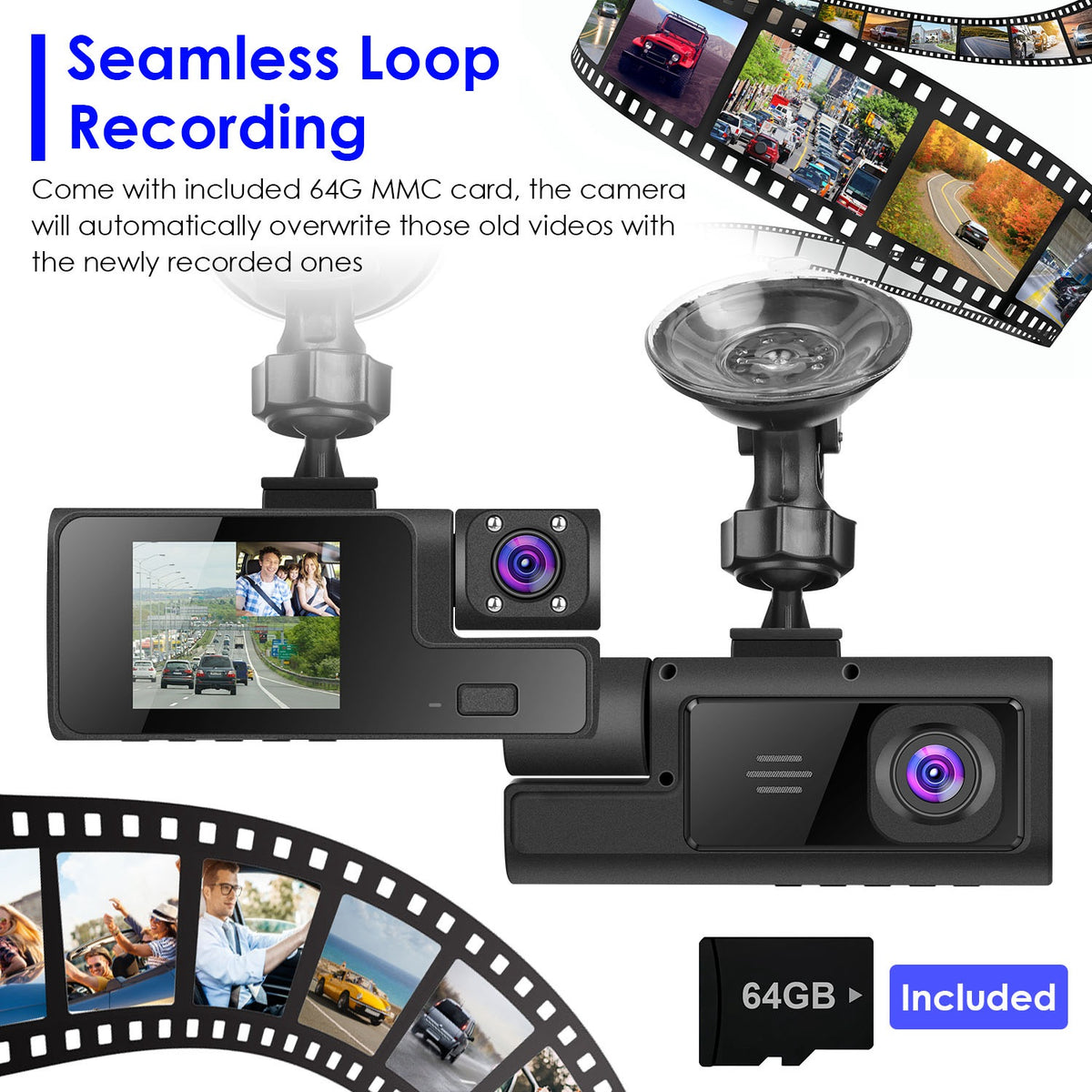 1Pc WiFi FHD 1080P Car Dash Cam 3 Channels Front Rear Inside Dash Camera With Loop Recording Reversing Visual 170 Degree Wide Angle 64G Card Included
