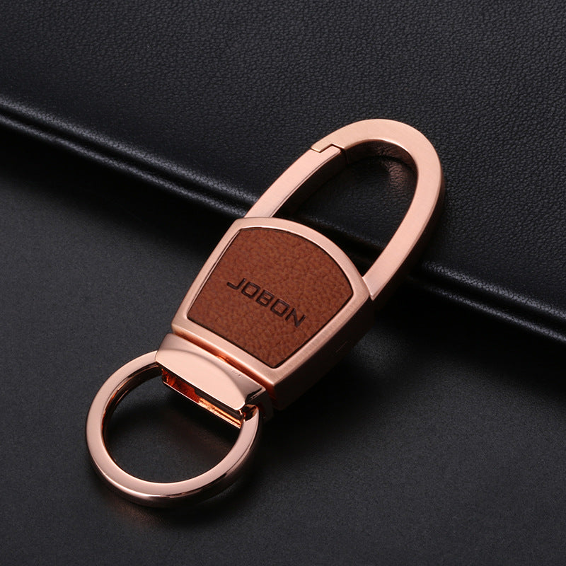 Metal chain car keyring – rose gold keyring with brown leather panel