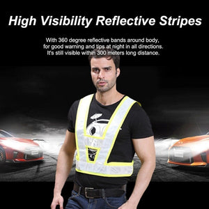 V-shaped reflective safety vest – worn by man with cars at night, visibility infographic